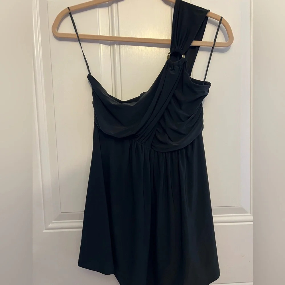 Express Y2K One shoulder black shirt with gold ring detail size medium
